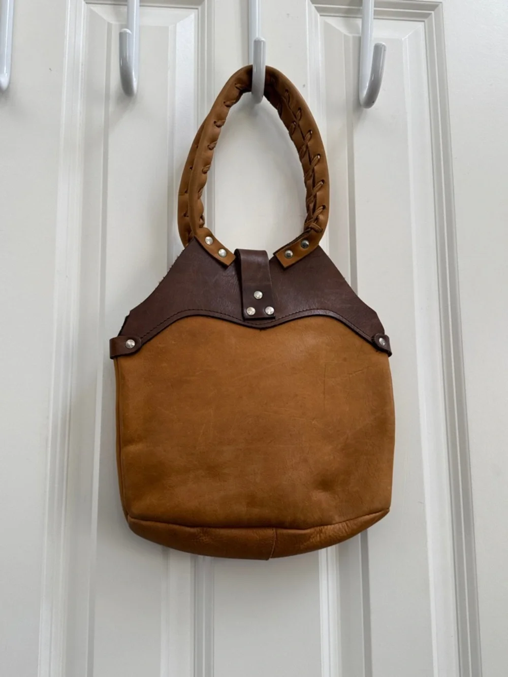 Two-Tone Tan and Dark Brown Braided-Handle Shoulder Bag